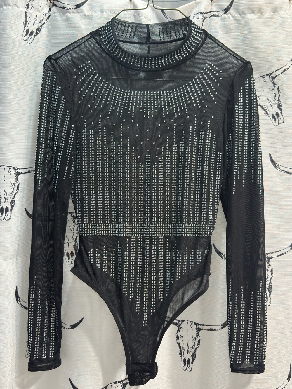 Black Rhinestone Mesh Long-Sleeve One-Piece Bodysuit